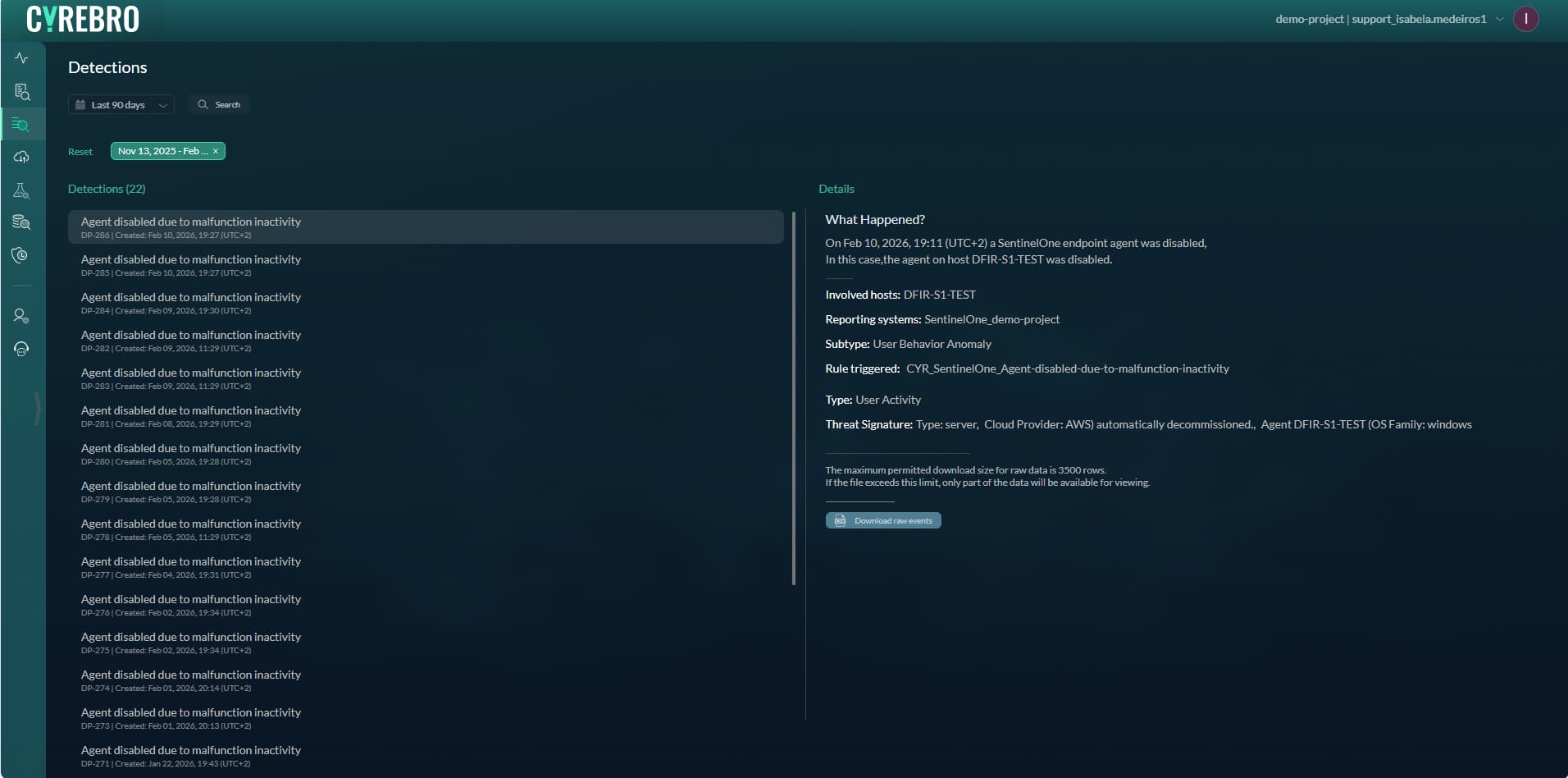 CYREBRO demo detection console with a detection list and evidence details